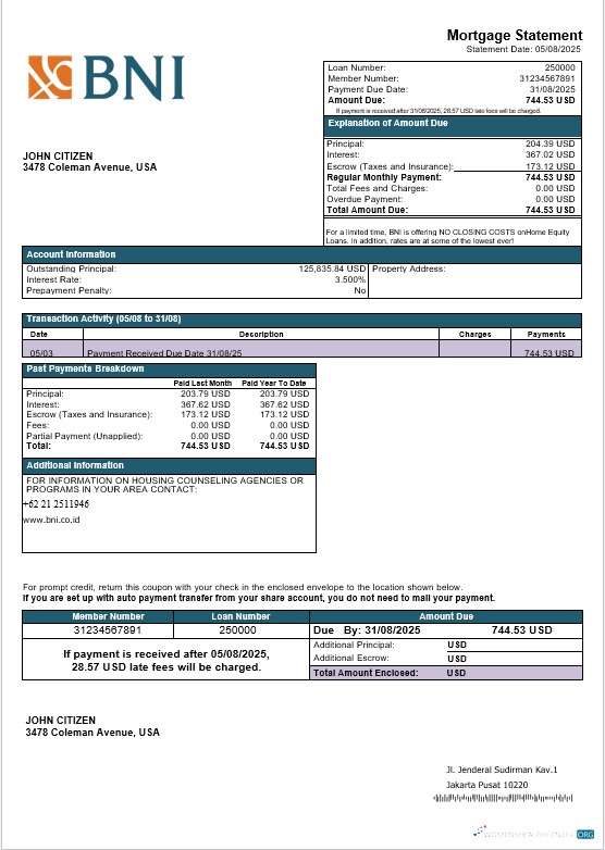 Download USA Texas BNI bank mortgage statement in Word and PDF formats Photoshop template